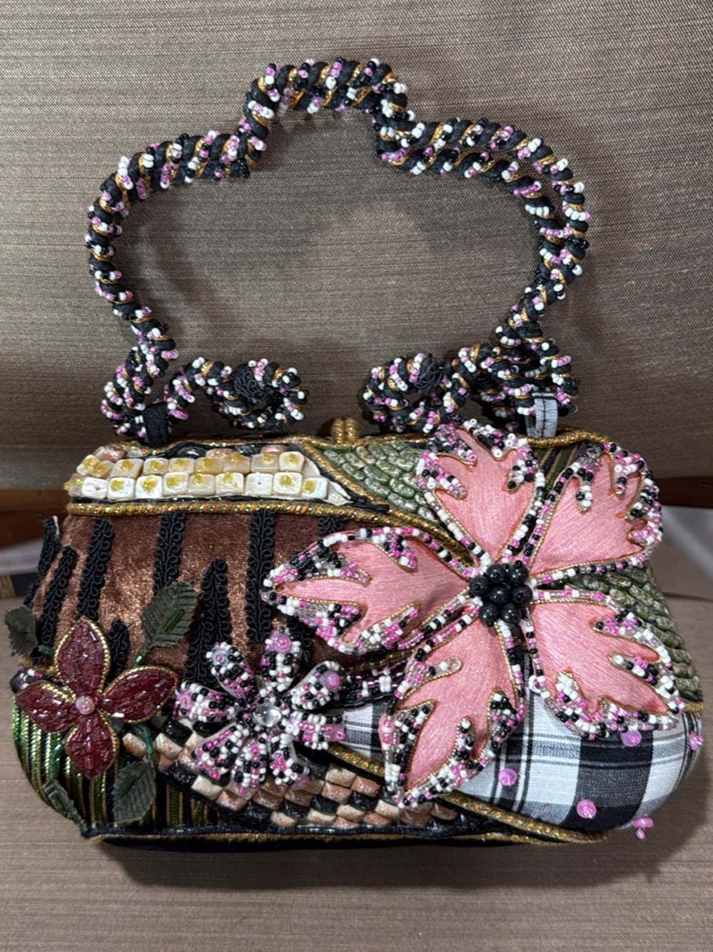 Mary Frances Multicolor Beaded Floral Evening Clutch - Pink Accents